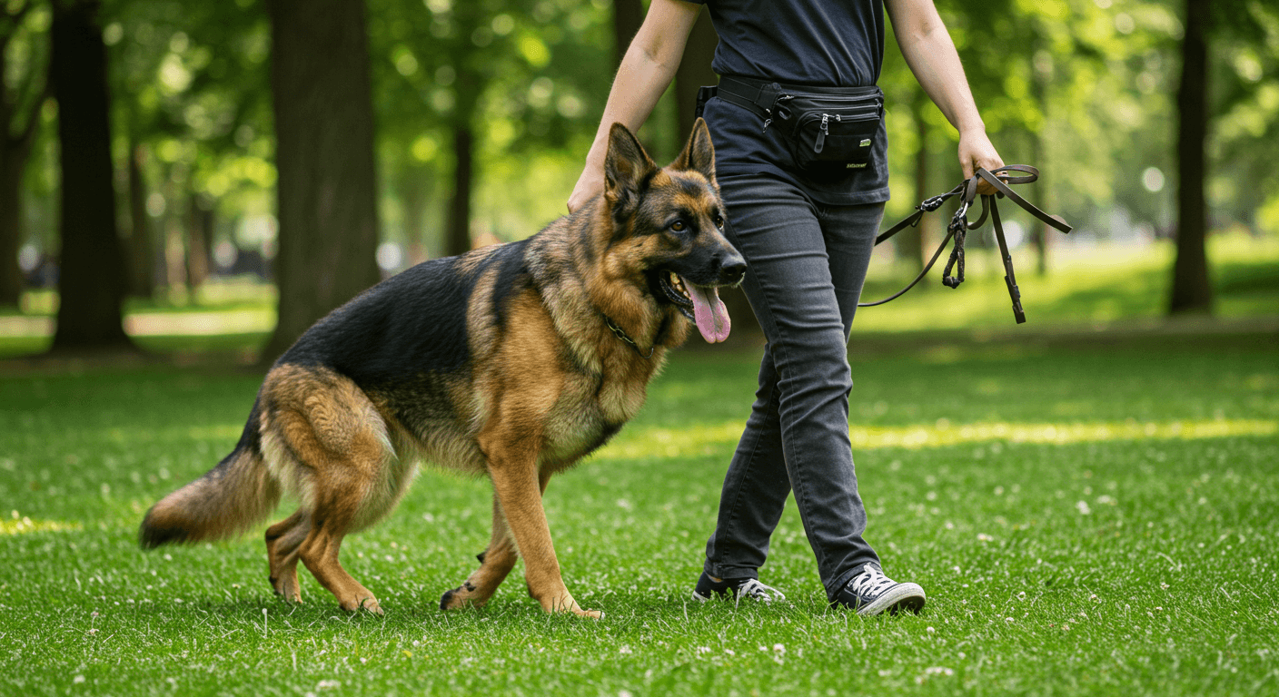 a woman is walking a german shepherd in a park