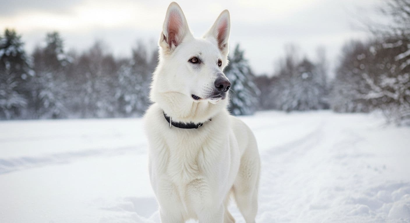 White German Shepherd standing in snowy landscape with trees in background.
