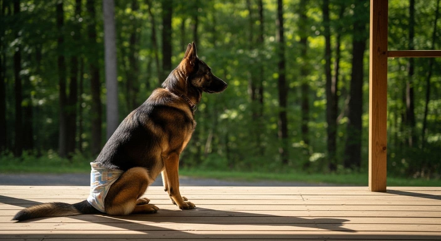 German Shepherd wearing a diaper sitting on a porch.