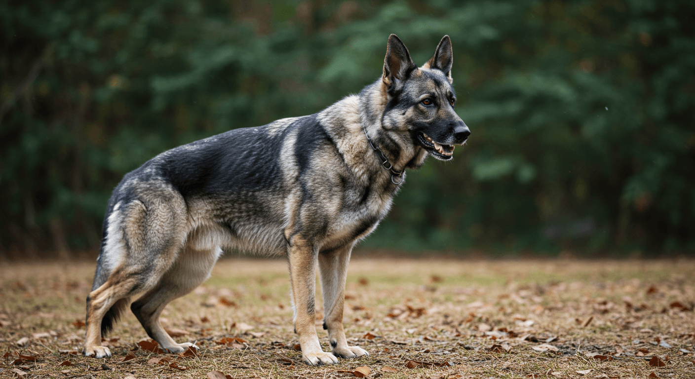 a german shepherd standing in a field with leaves on the ground
