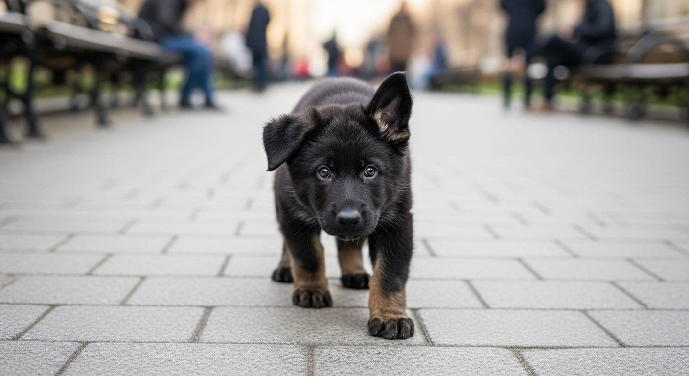 Black and tan German Shepherd puppy walking on paved path.