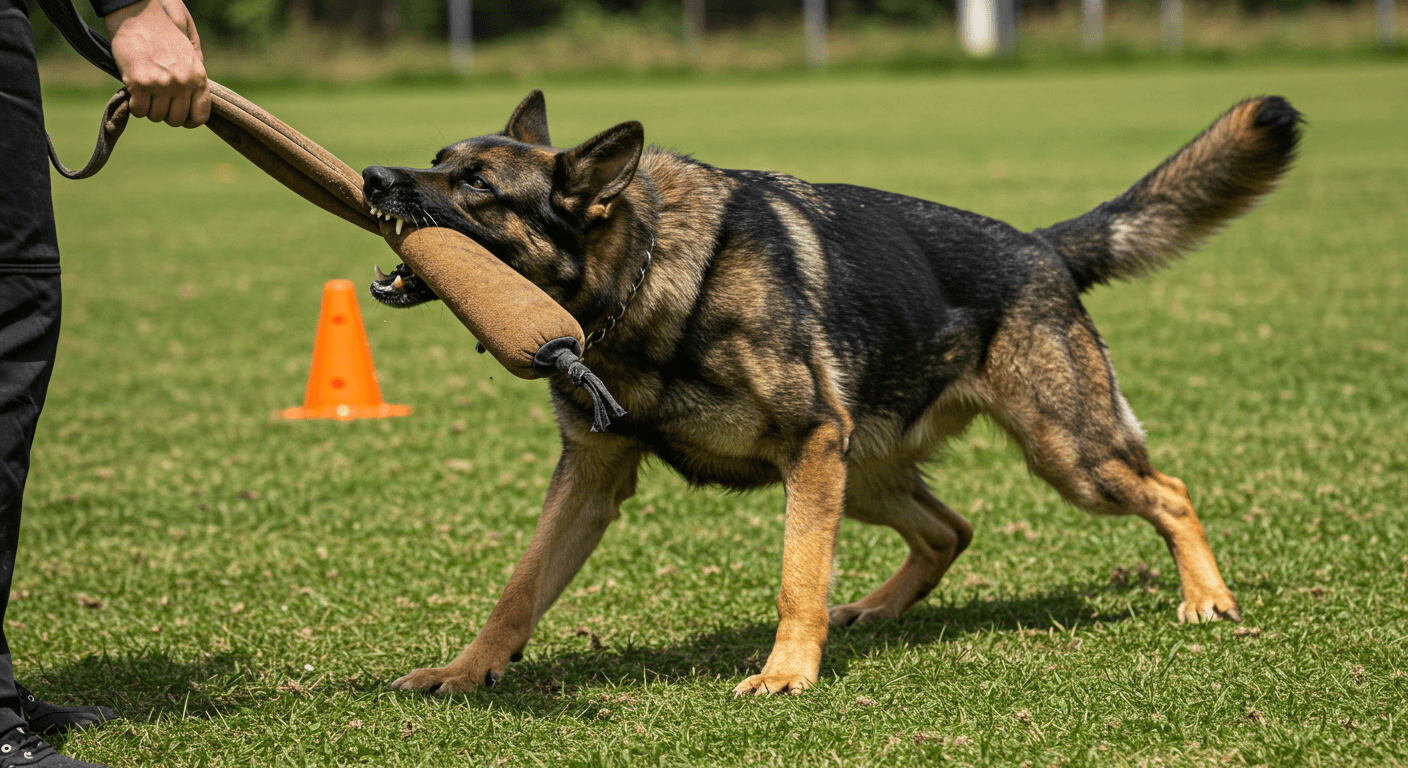 a german shepherd playing with a toy in its mouth