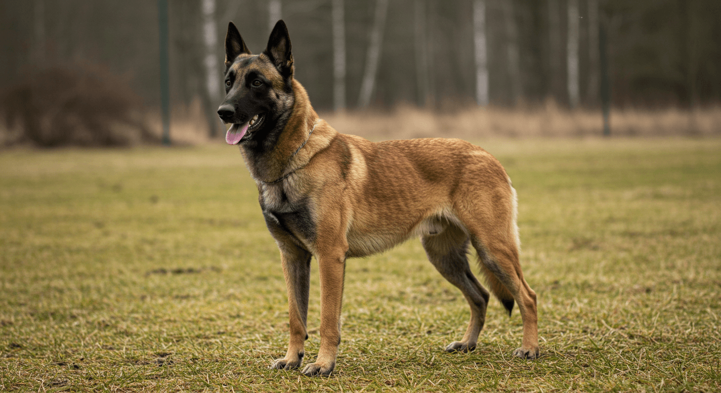 Belgian Malinois with fawn coat and black mask standing in a grassy field.