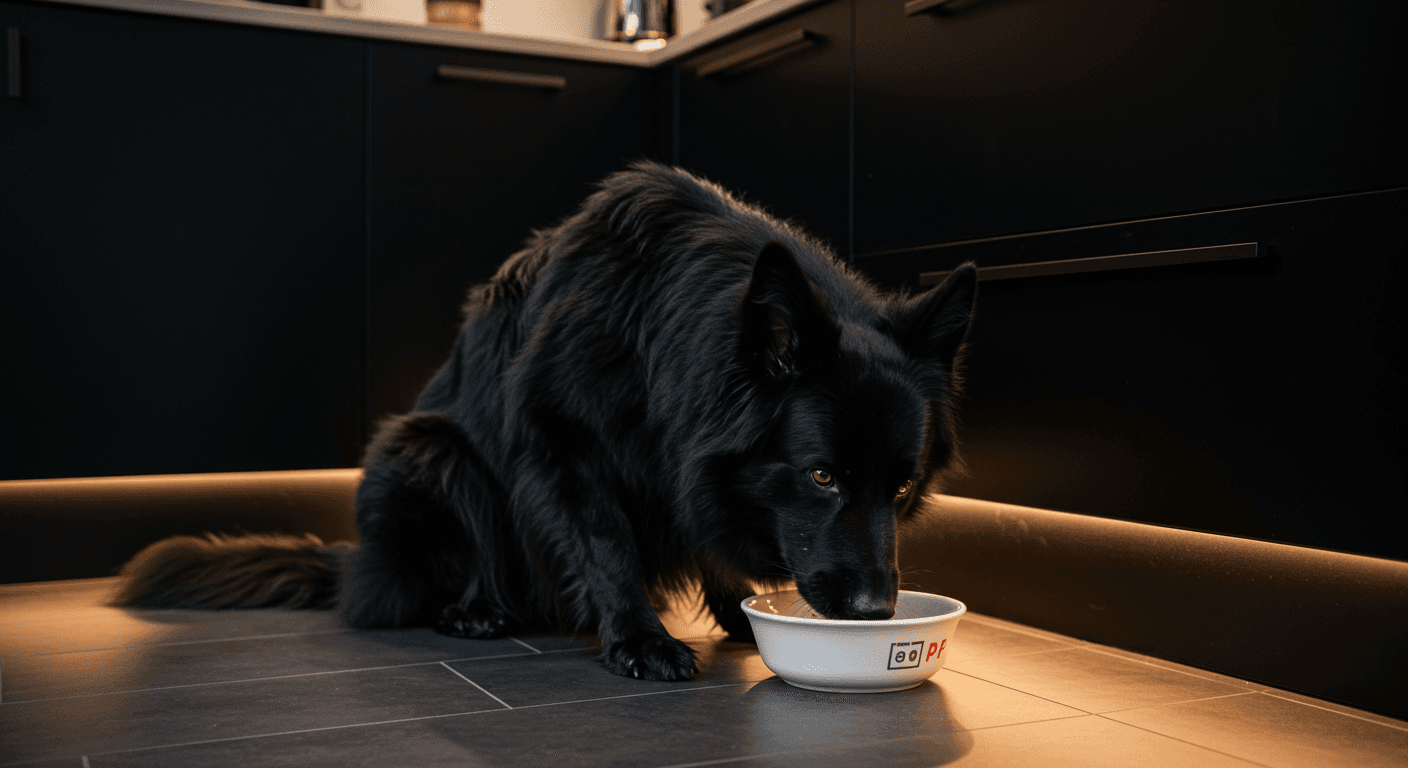Black long-haired German Shepherd eating from a white bowl in a modern black kitchen.