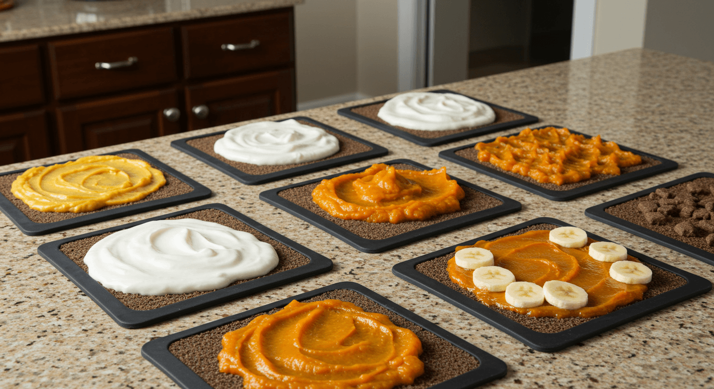 several lick mats with different types of food on them