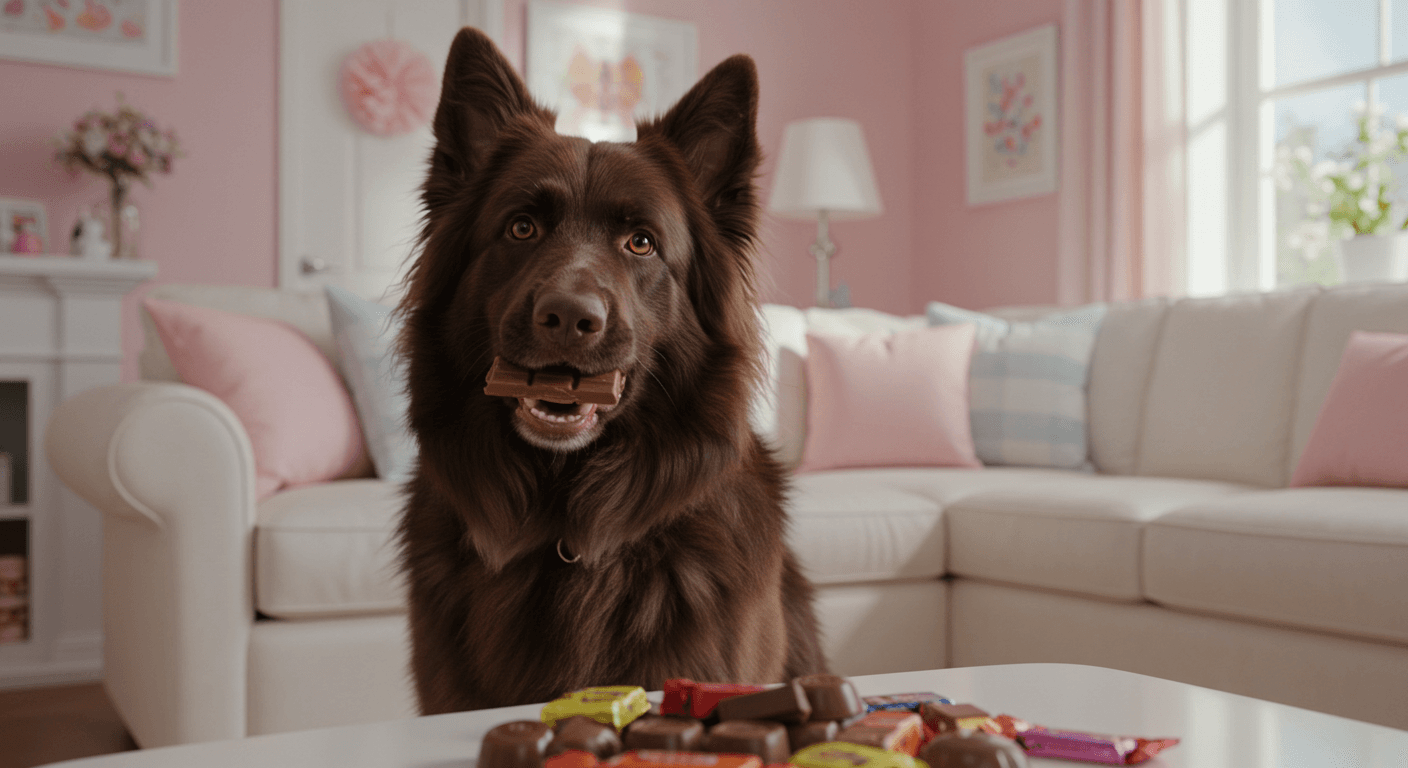 Liver German Shepherd with chocolate in mouth in pink and white living room.