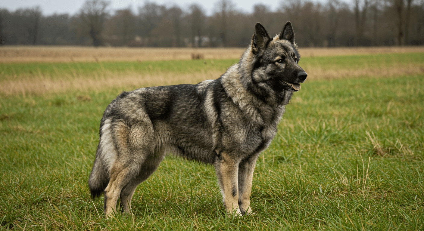 Bohemian Shepherd with wavy gray and tan coat standing in a field.