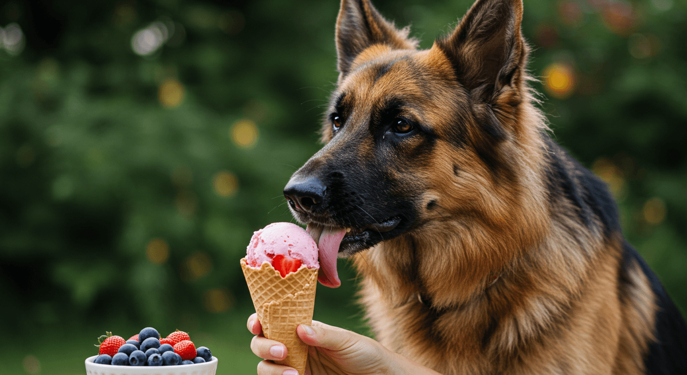 a german shepherd licking an ice cream cone next to a bowl of berries