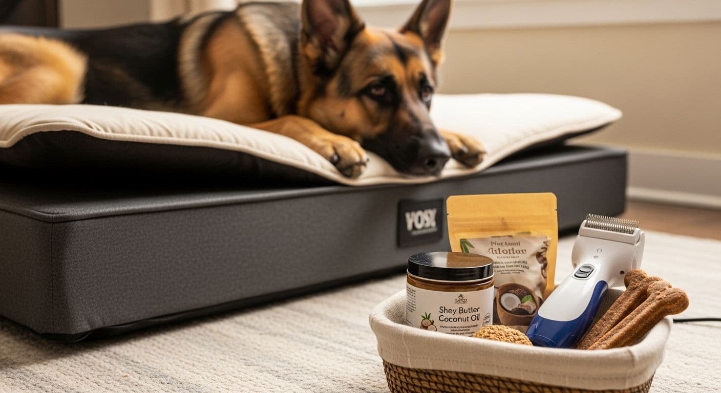German Shepherd on orthopedic dog bed with balm, treats, and nail grinder for elbow callus care.
