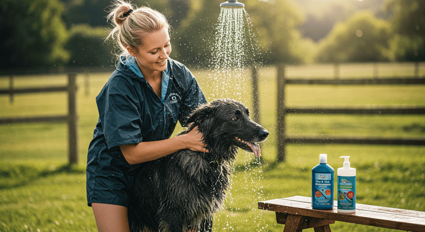 Woman bathing a wet dog under an outdoor shower with shampoo bottles nearby.