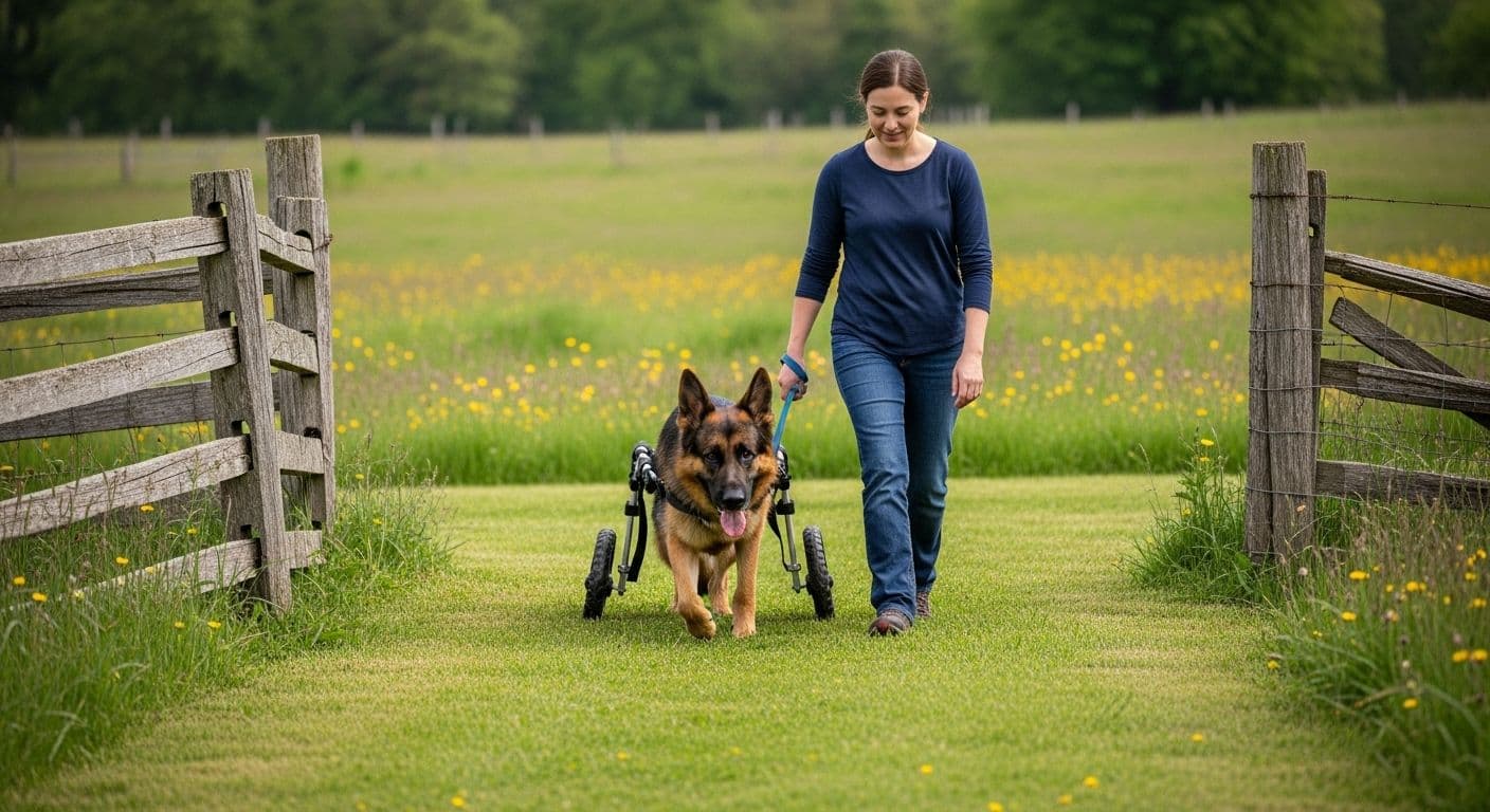Woman walking a German Shepherd in a dog wheelchair along a grassy farm path.