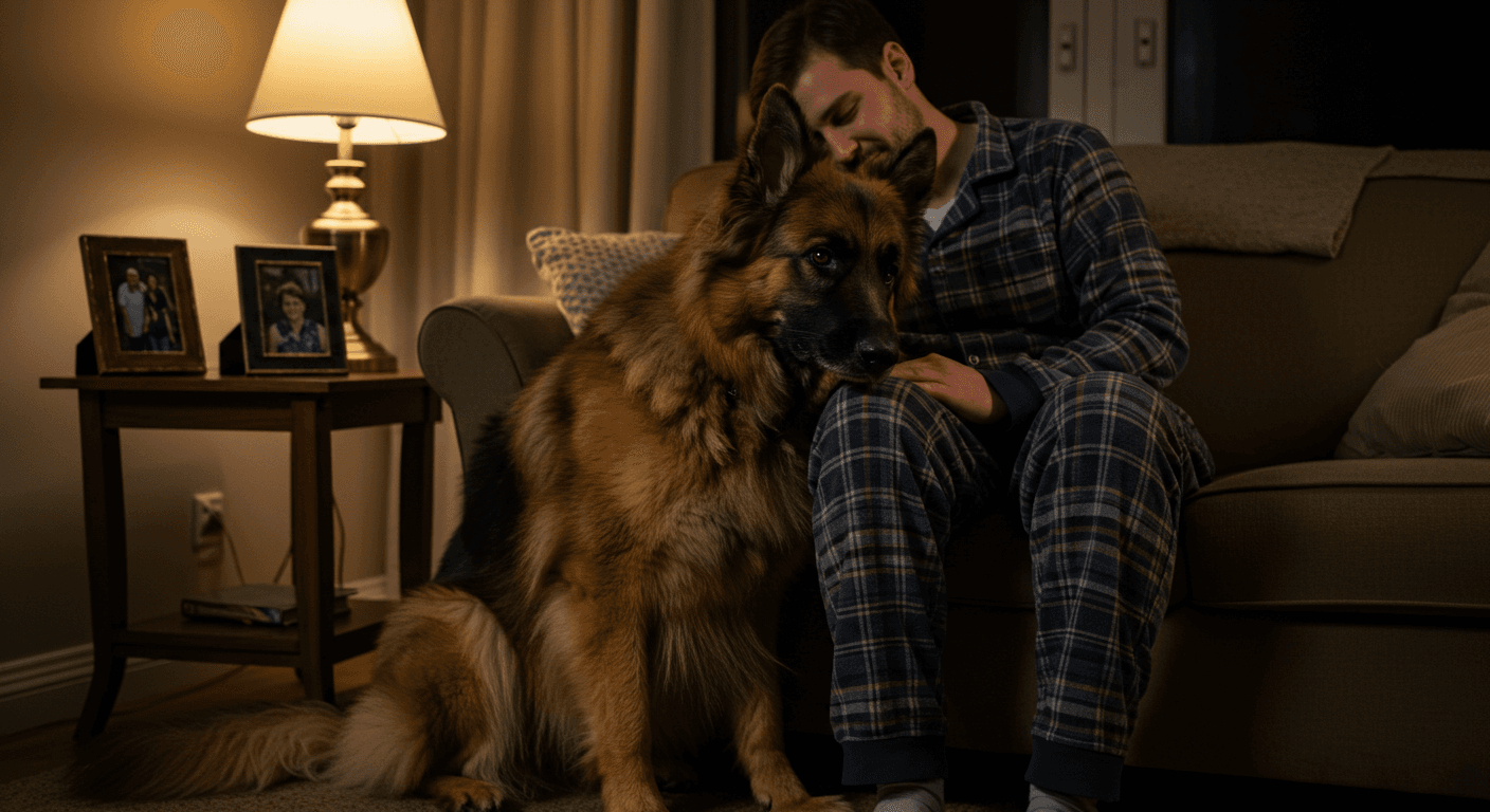 a man sits on a couch with a german shepherd