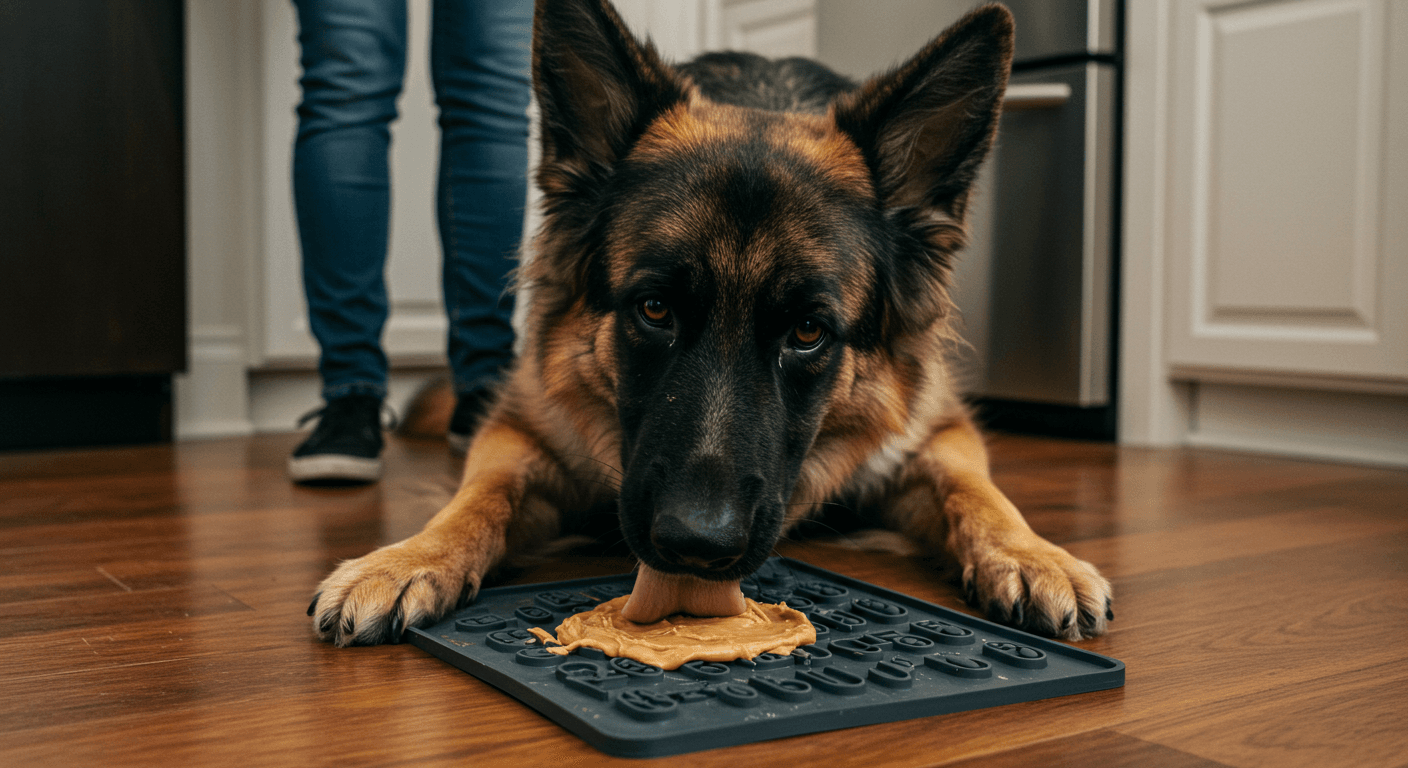 a german shepherd licks peanut butter from a black mat