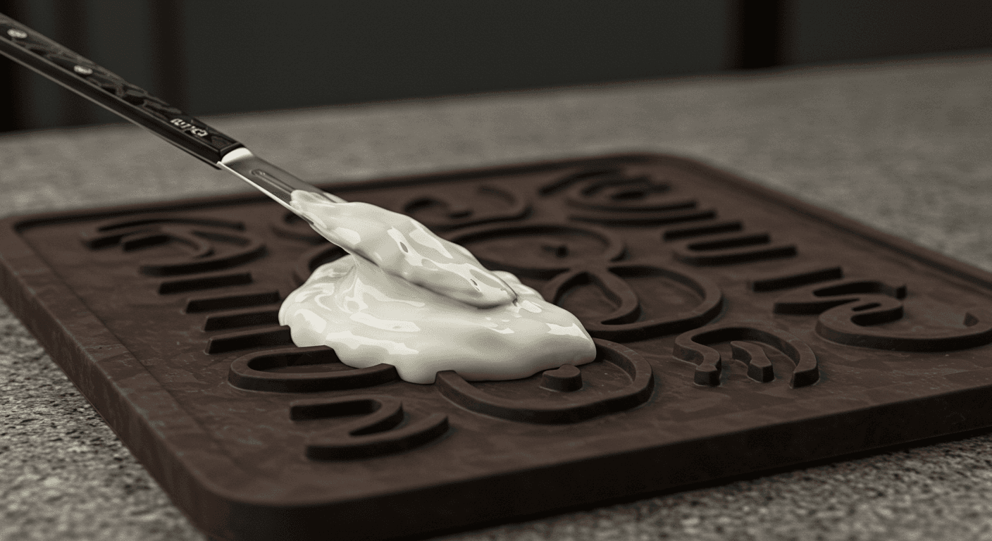 a spatula is spreading yogurt on a cutting board that says vanilla
