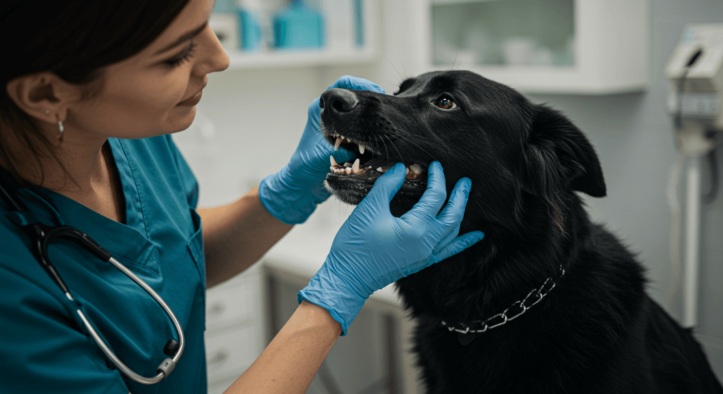 a female veterinarian examines the teeth of a black dog