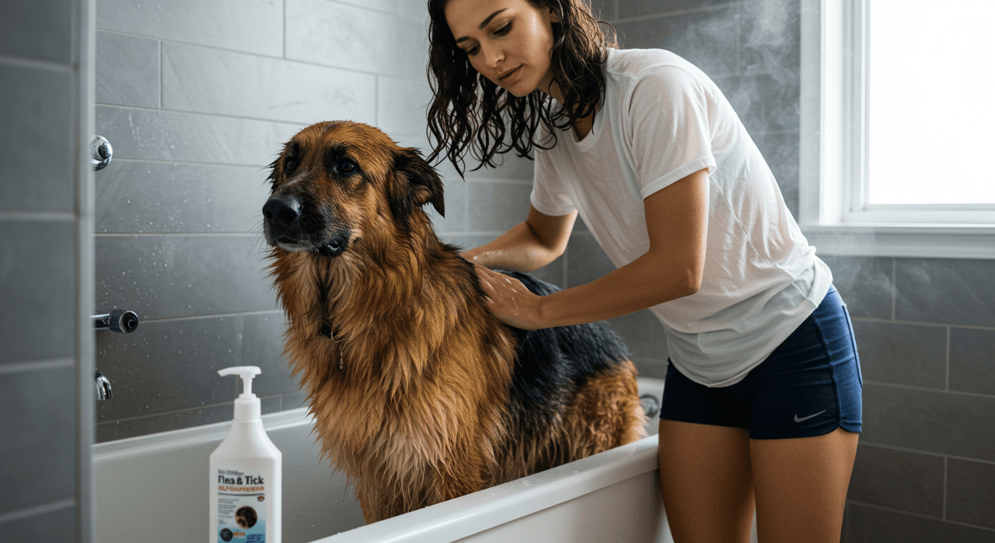 Woman bathing a wet golden German Shepherd in a grey bathroom with flea shampoo.
