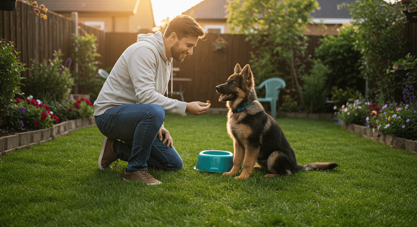 a man is feeding a german shepherd puppy a treat