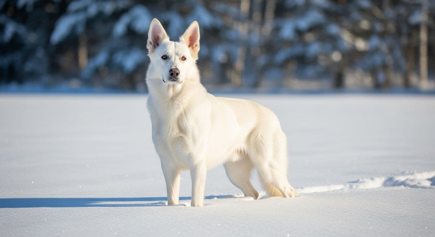 White German Shepherd standing in snow on a sunny winter day.