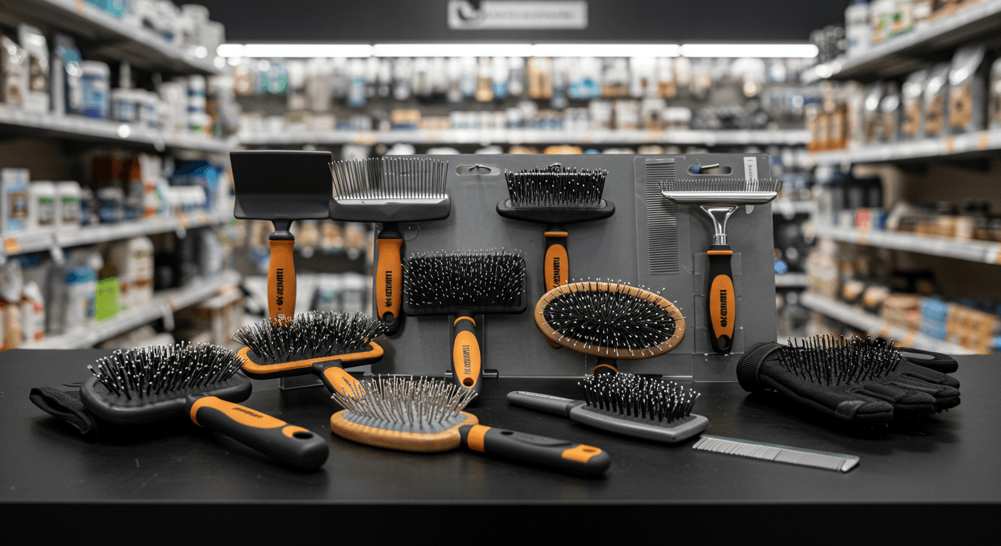 Set of grooming brushes and tools displayed on a counter in a pet supply store.