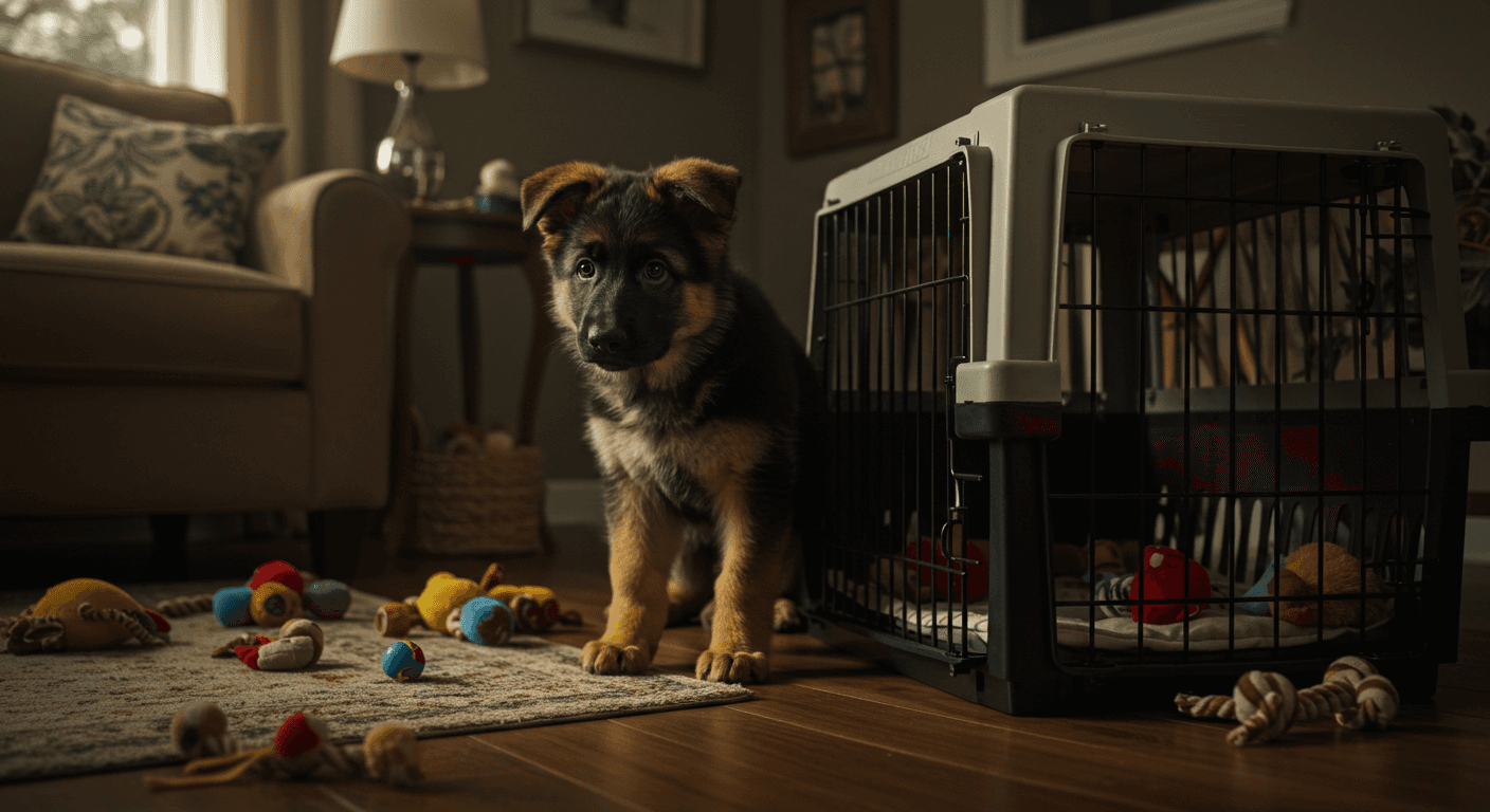 a german shepherd puppy standing next to a dog crate