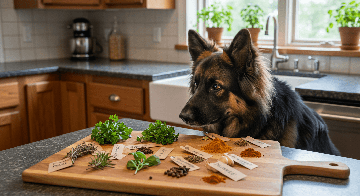 a german shepherd looking at a cutting board with spices on it