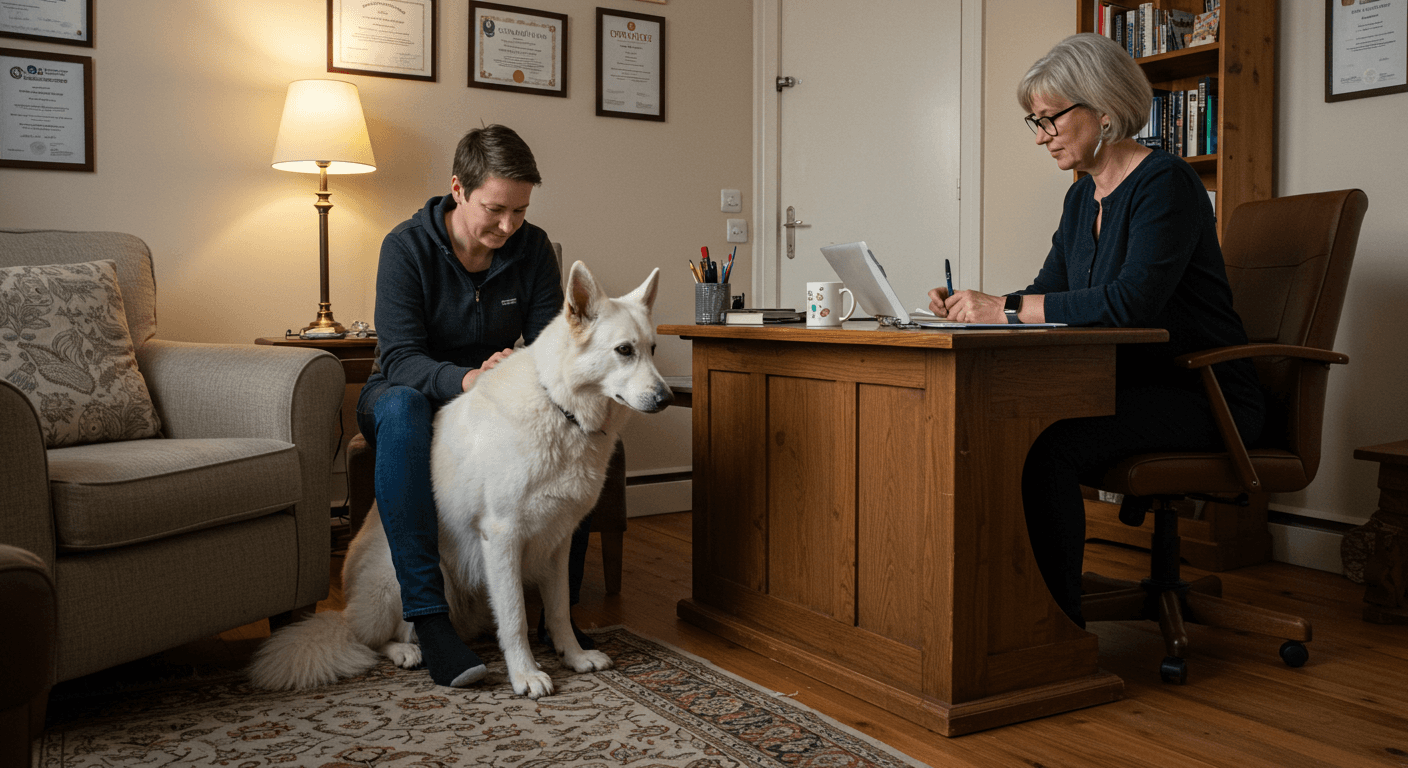a woman sits at a desk with a white dog on her lap