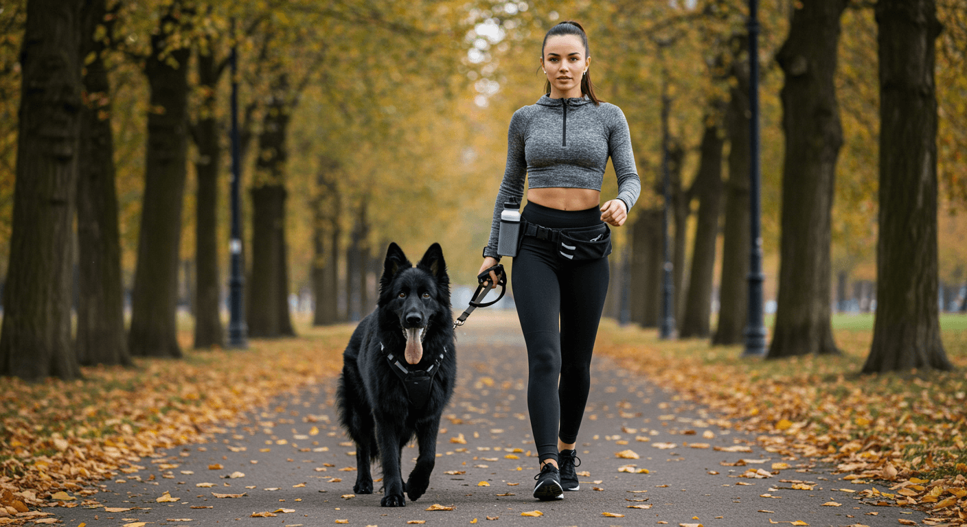 a woman walking a black dog on a leash