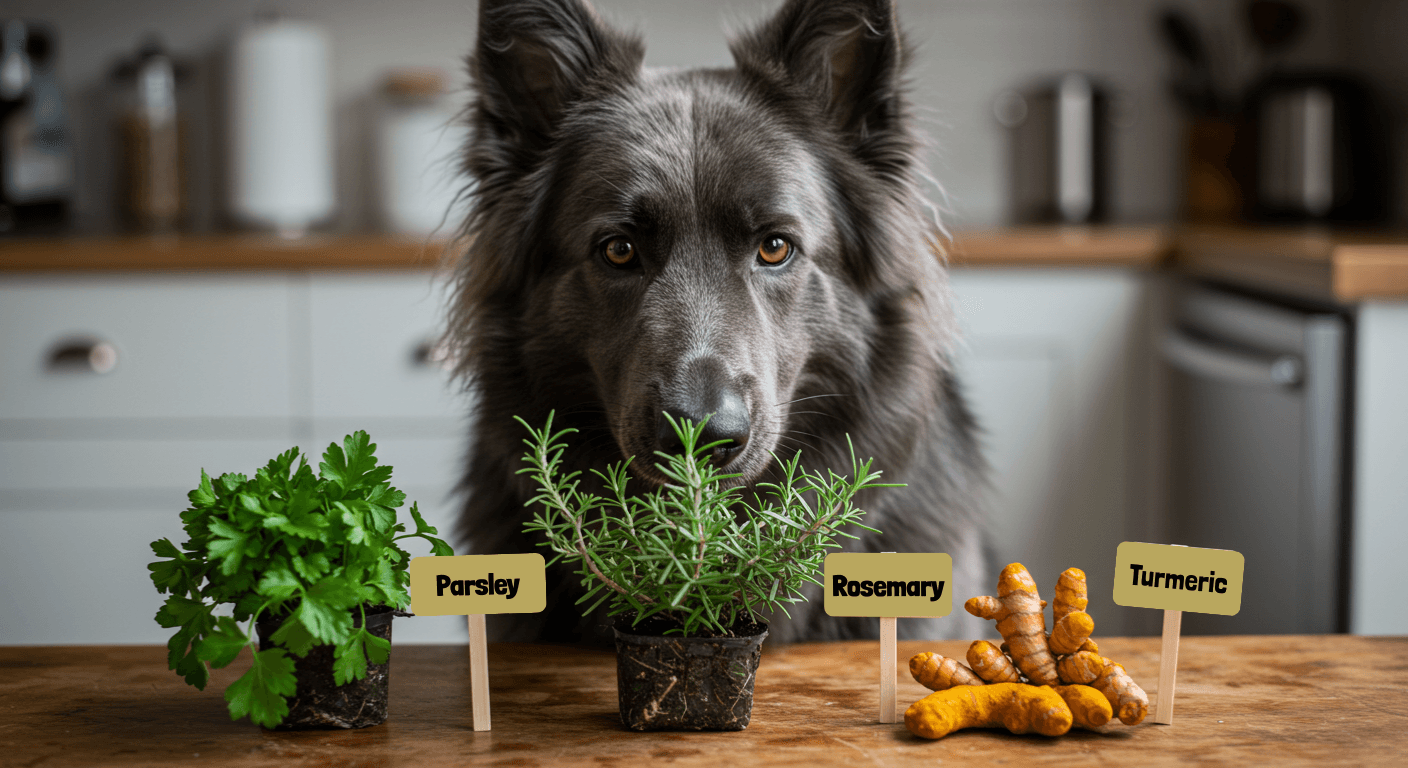 a dog standing next to a potted plant of parsley rosemary and turmeric