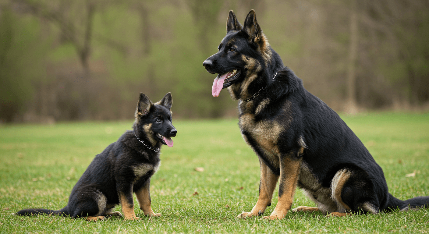 two german shepherds are sitting next to each other in the grass