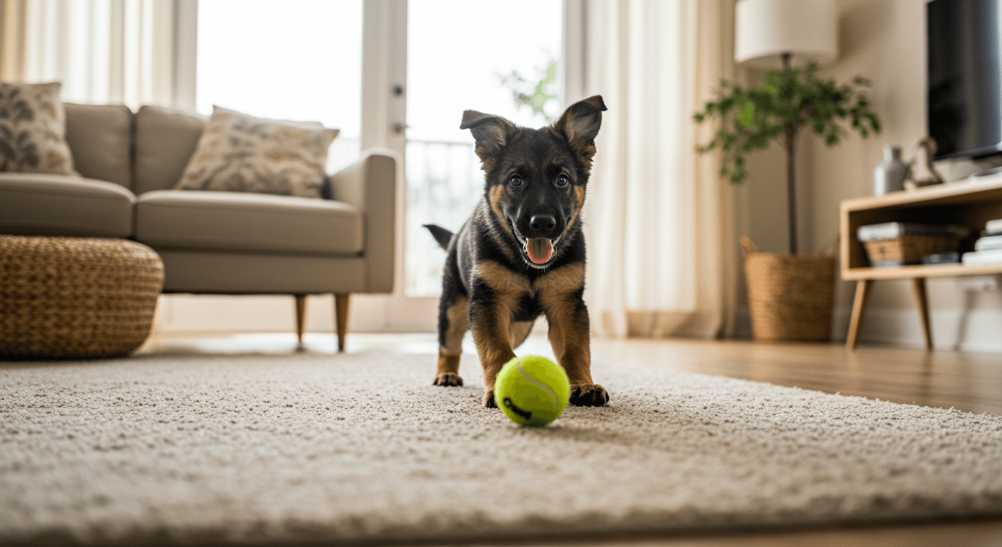 a puppy playing with a tennis ball in a living room