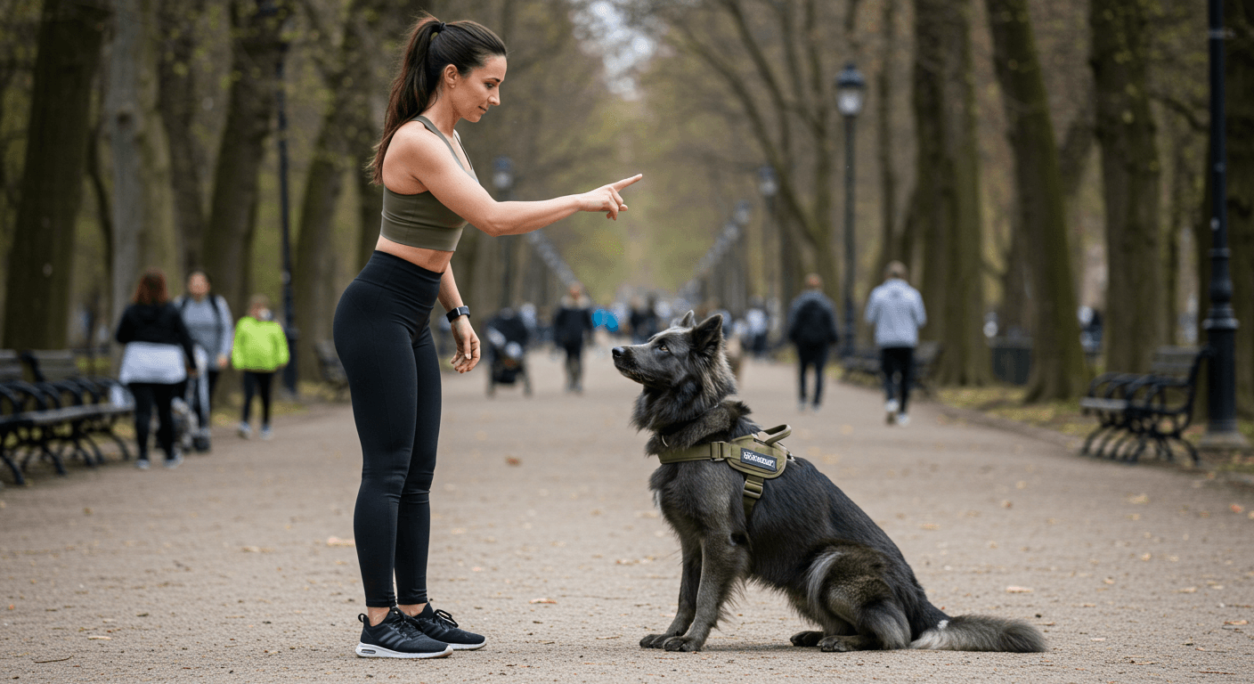 a woman is pointing at a dog that has a harness on