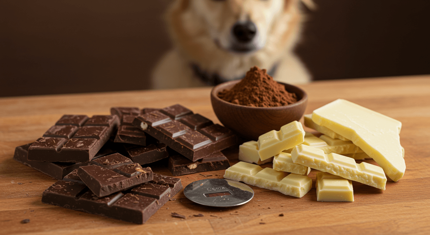 Dark, milk, and white chocolate with cocoa powder on a wooden table.