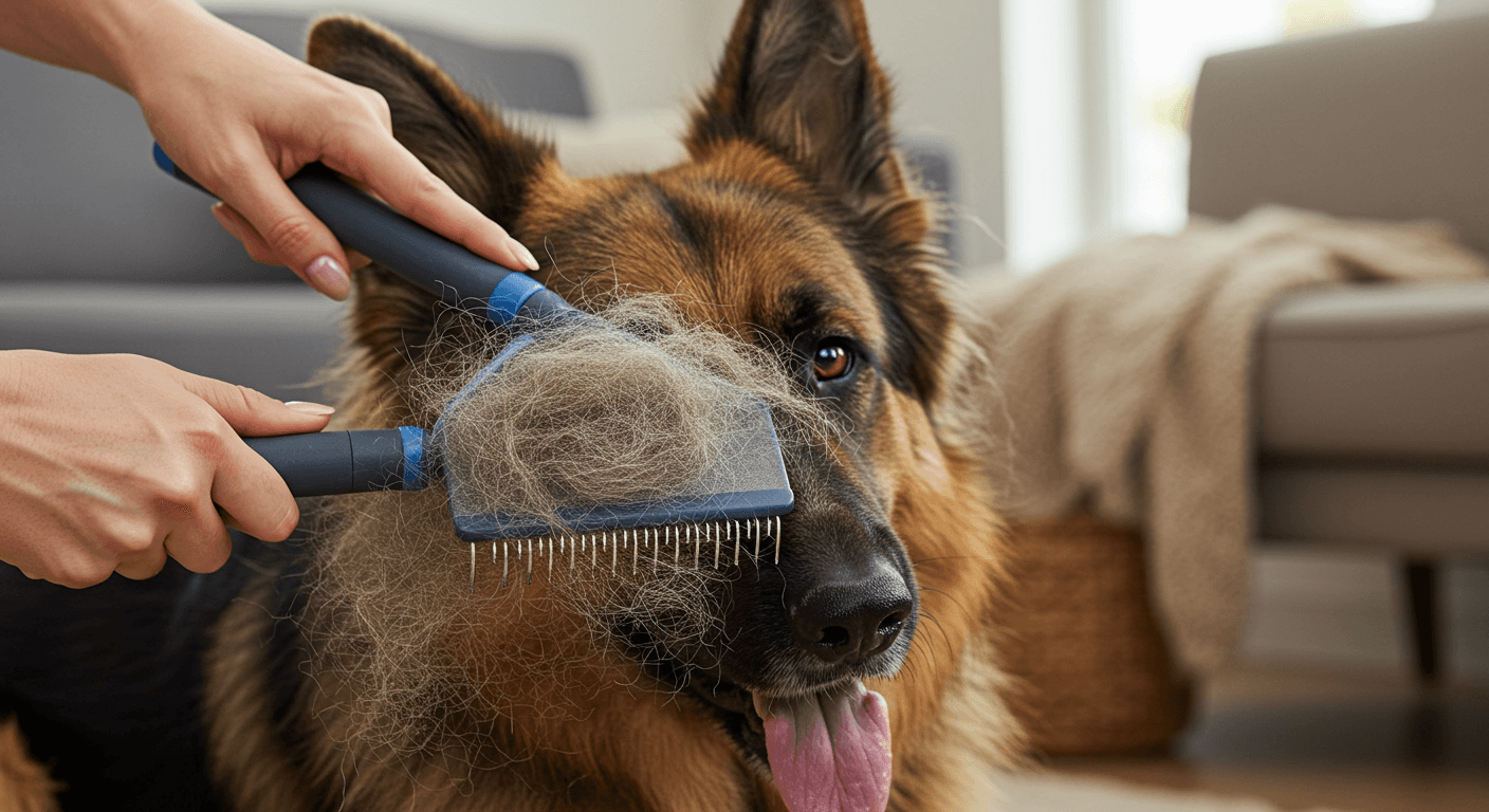 German Shepherd being brushed with loose fur collected in an undercoat rake.