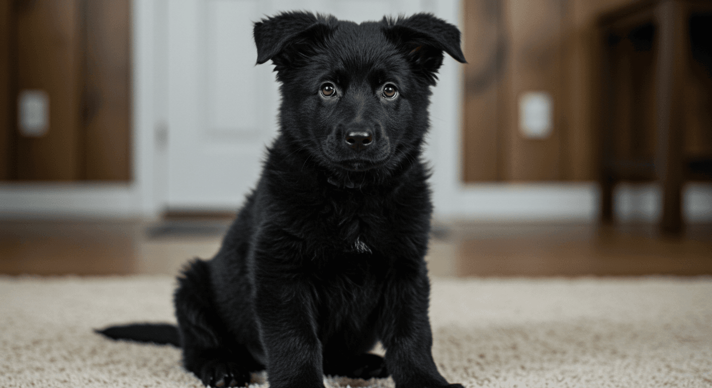 a black puppy is sitting on a carpet and looking at the camera