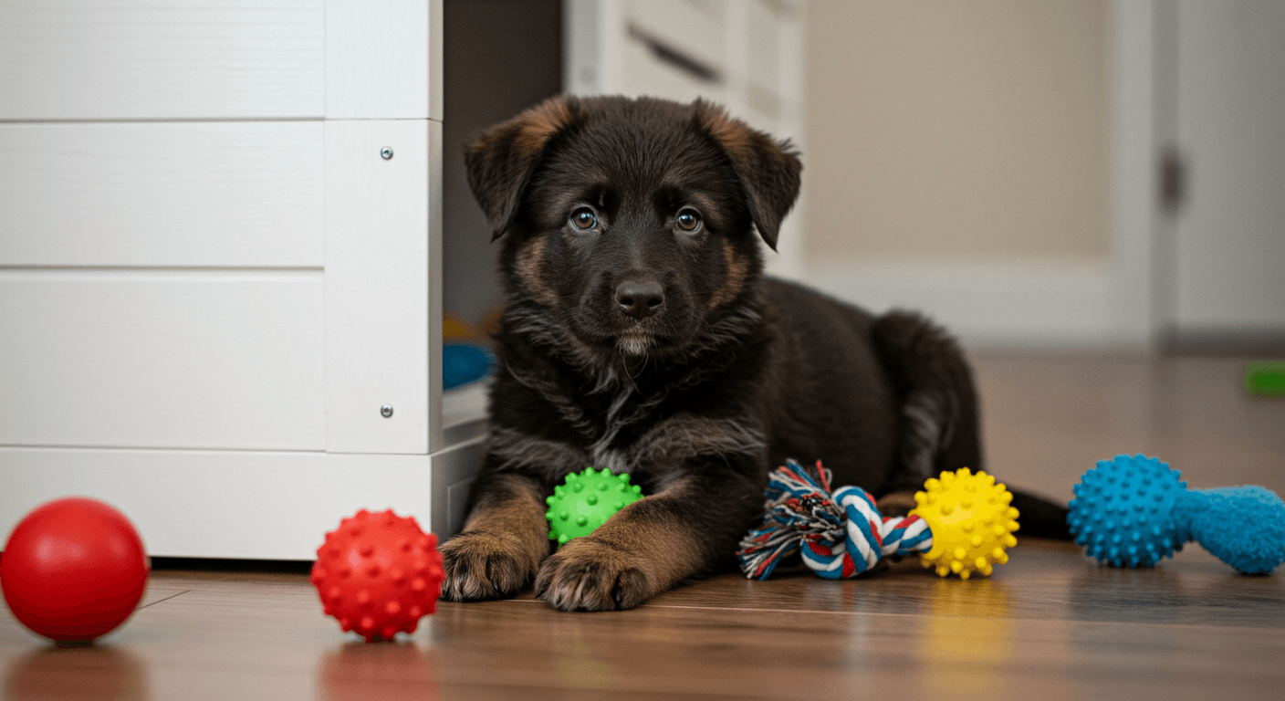 a puppy is laying on the floor surrounded by toys