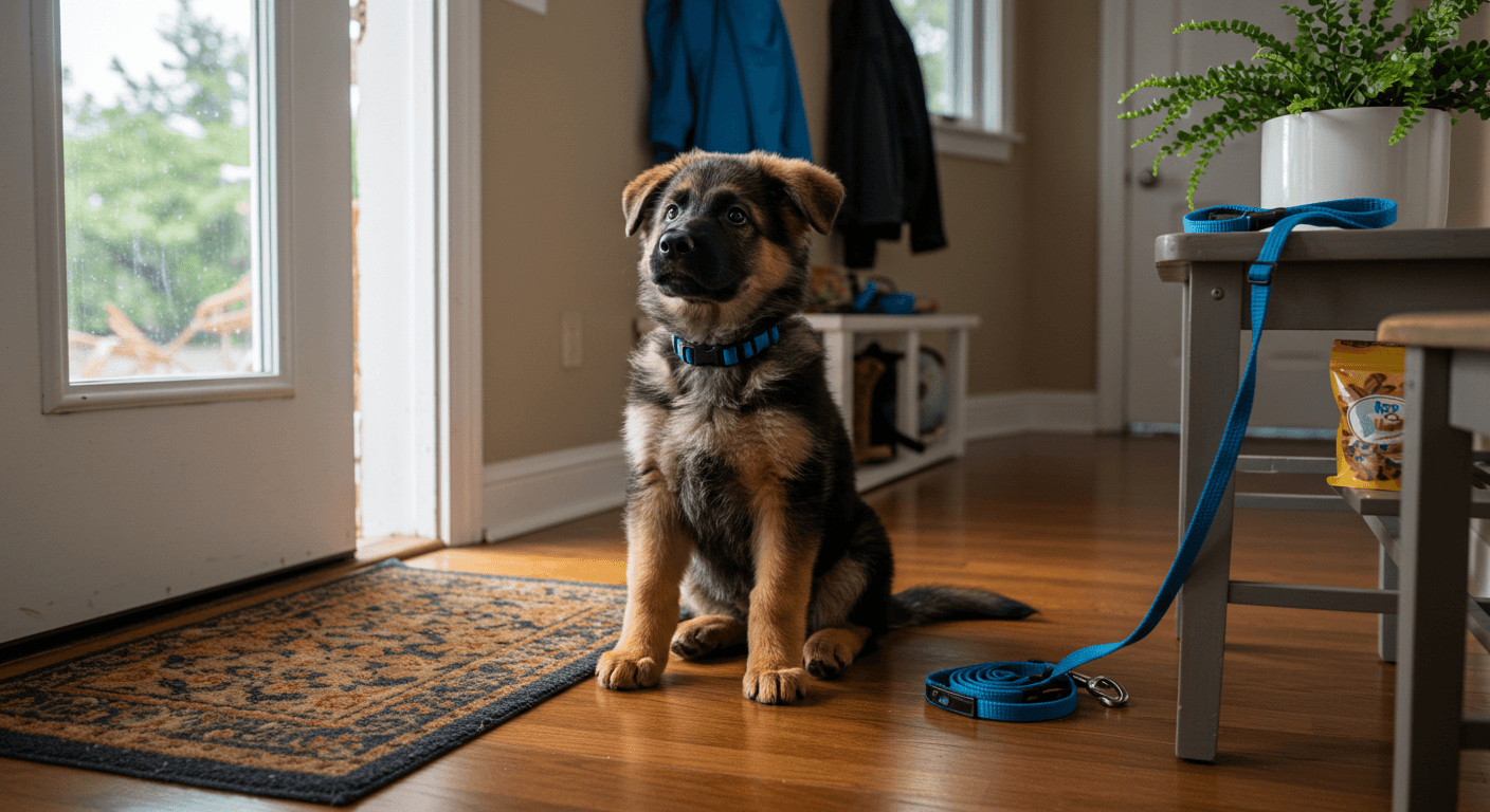 a german shepherd puppy is sitting on the floor in front of a door