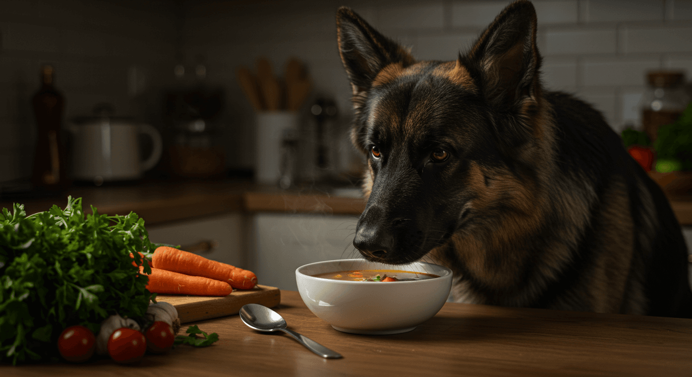 a german shepherd is looking at a bowl of soup