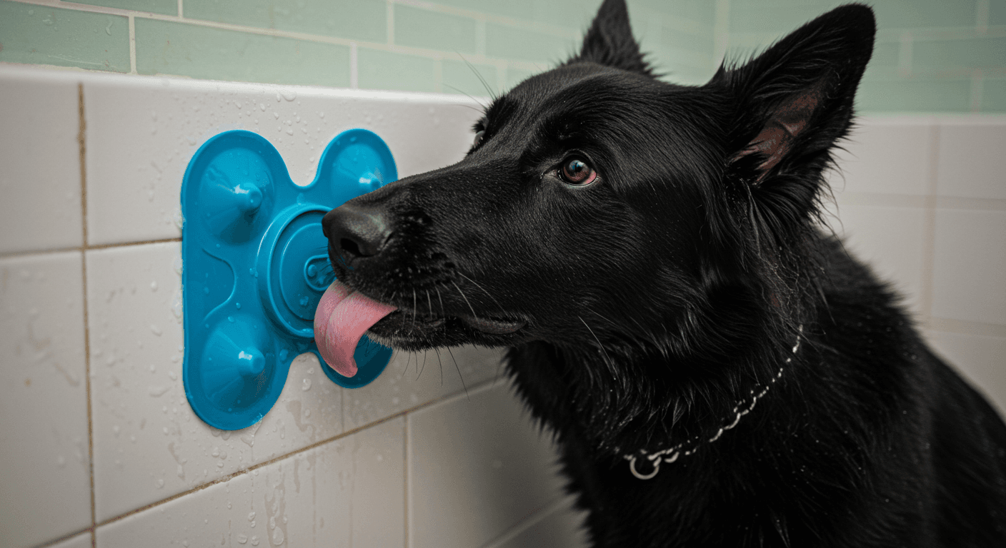 a black dog is licking blue mat