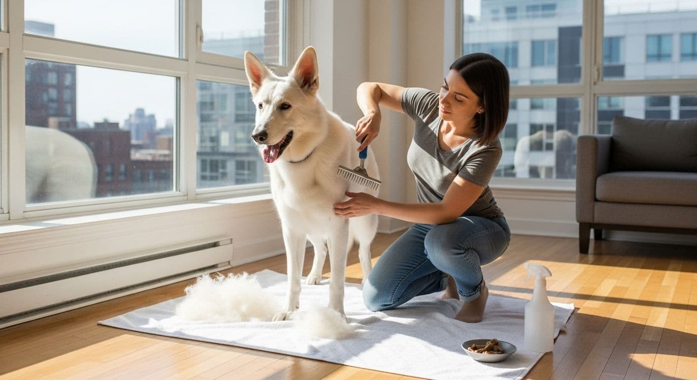 Woman brushing a white dog indoors on a mat, surrounded by loose fur, with grooming tools nearby.