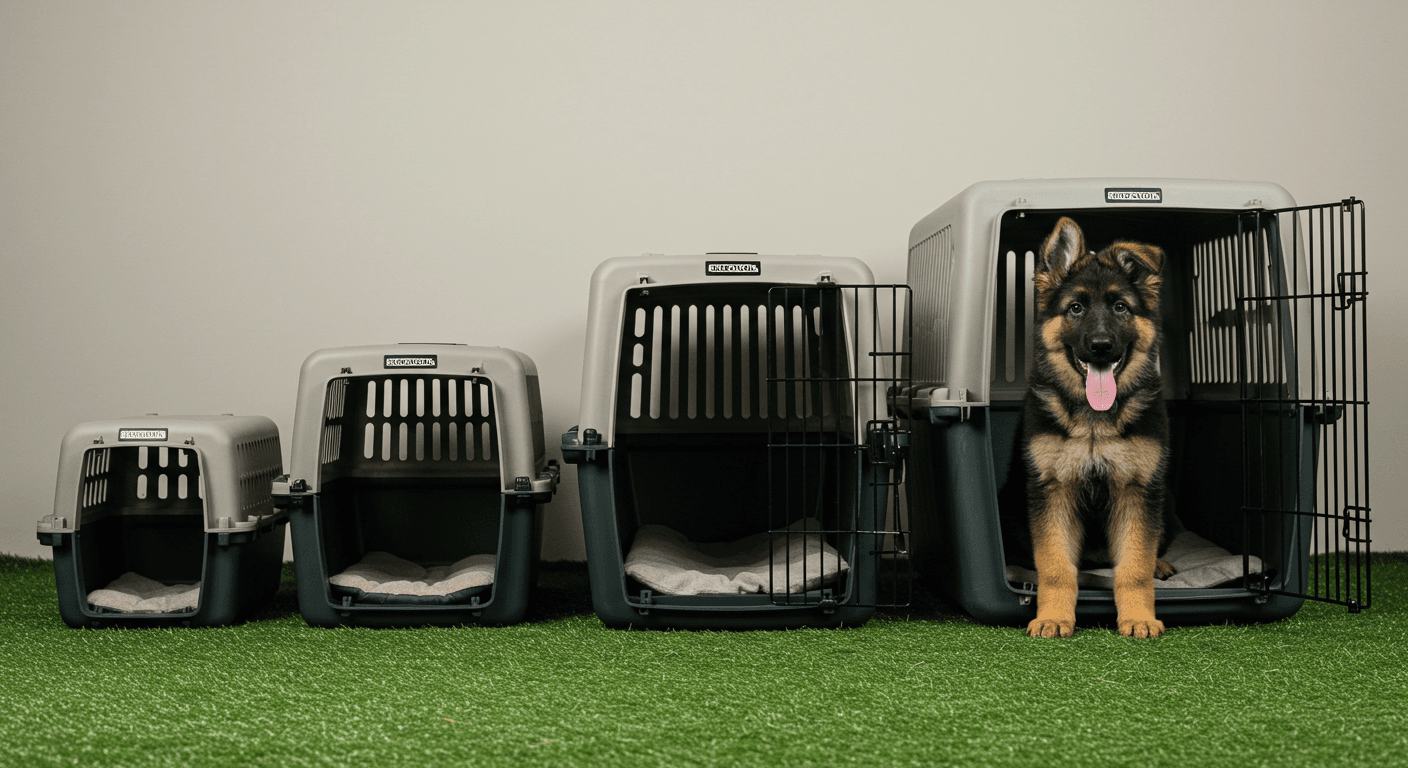 a german shepherd puppy is sitting in a kennel