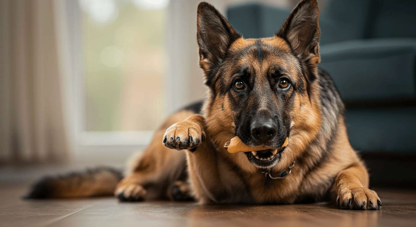 German Shepherd holding a small chew in its mouth, appearing at risk of choking.
