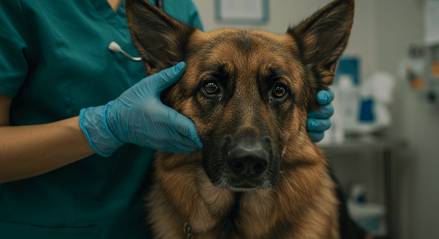 a german shepherd is being examined by a veterinarian