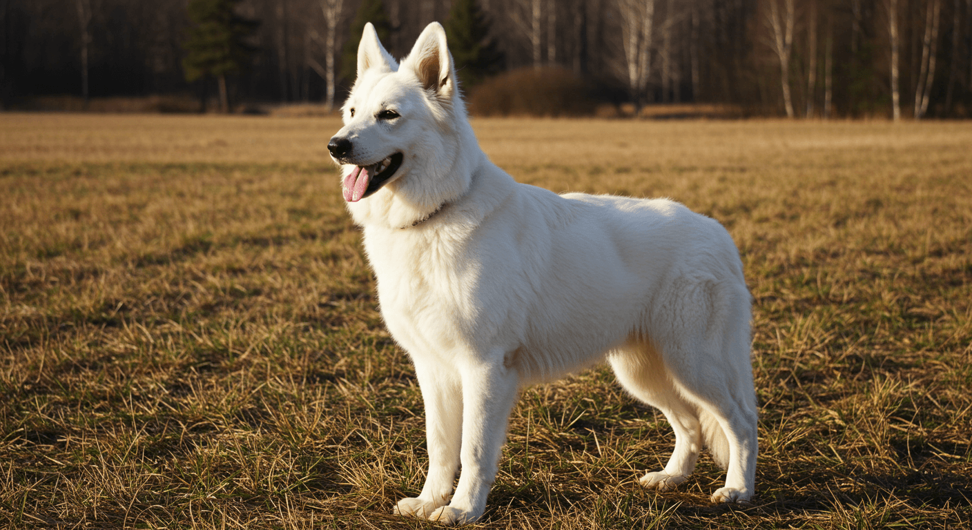 White Swiss Shepherd with white coat standing in a sunlit field.