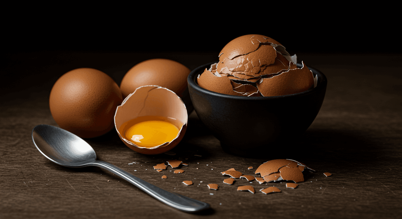 broken eggs in a black bowl next to a spoon