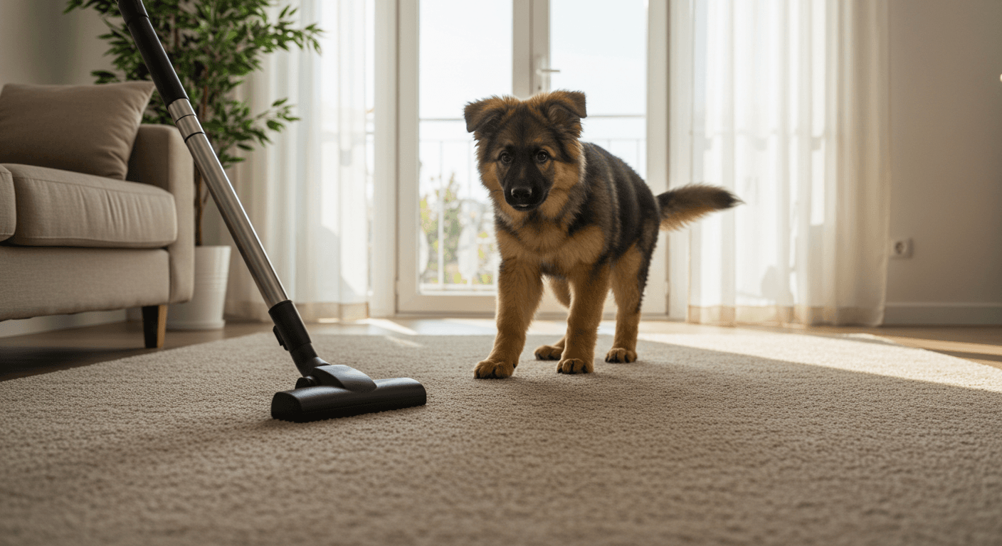 a german shepherd puppy standing next to a vacuum cleaner
