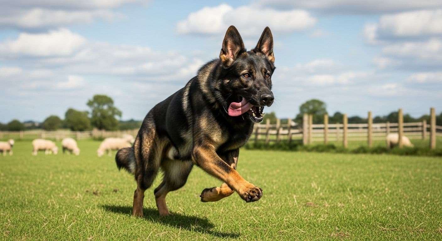 Sable Working Line German Shepherd running in a field with sheep in the background.
