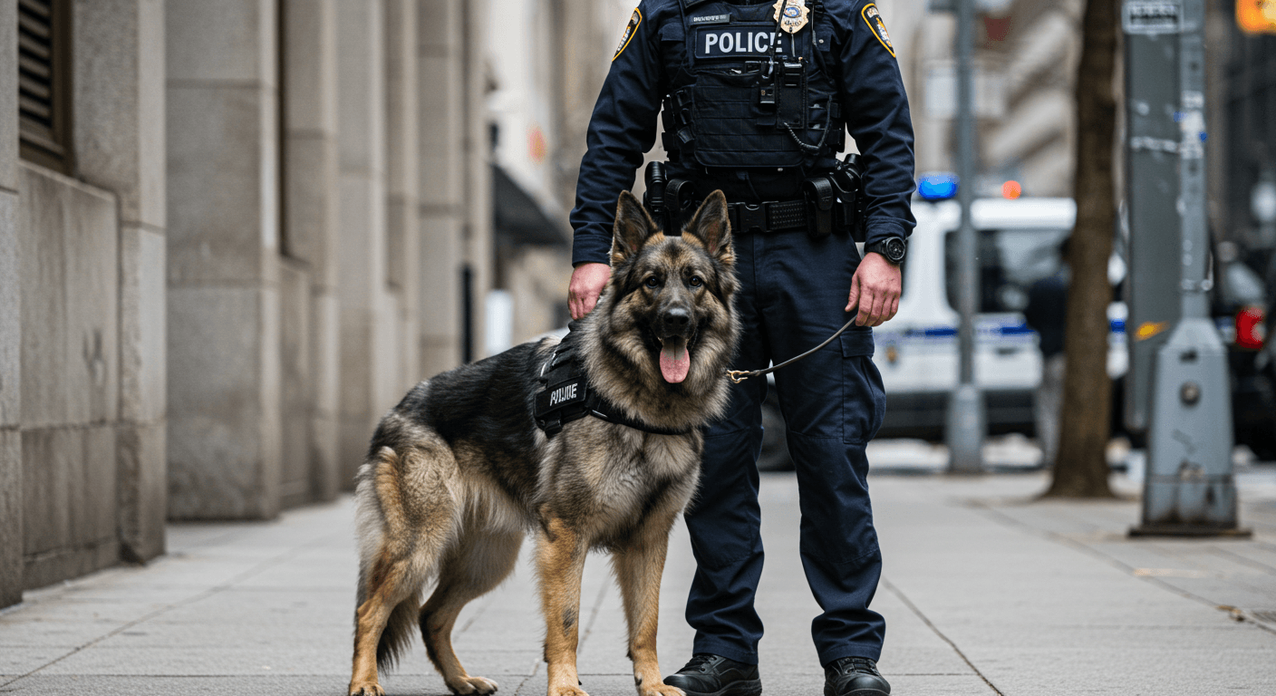 a police officer standing next to a german shepherd dog