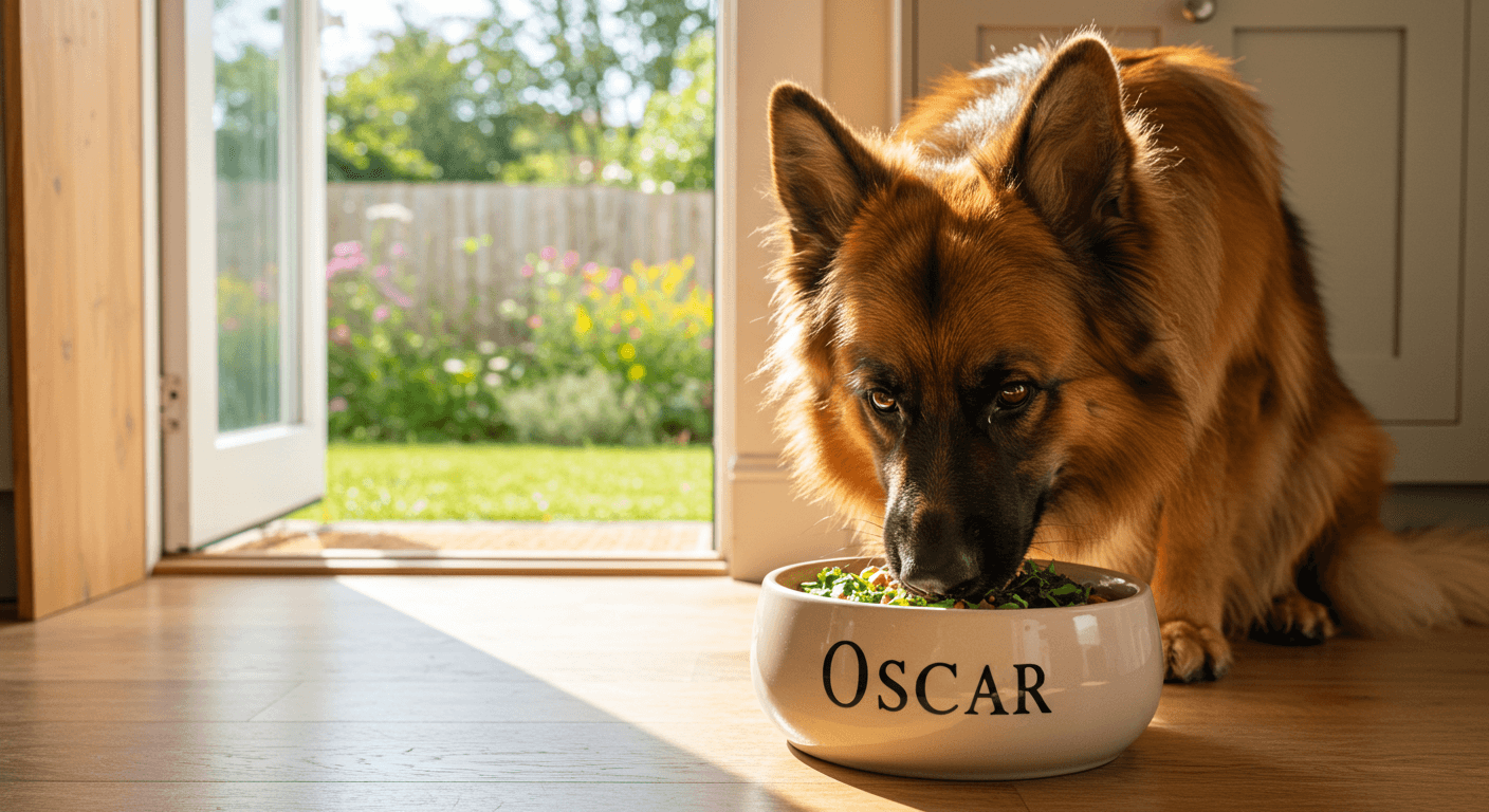 a german shepherd is eating from a bowl with the name oscar on it