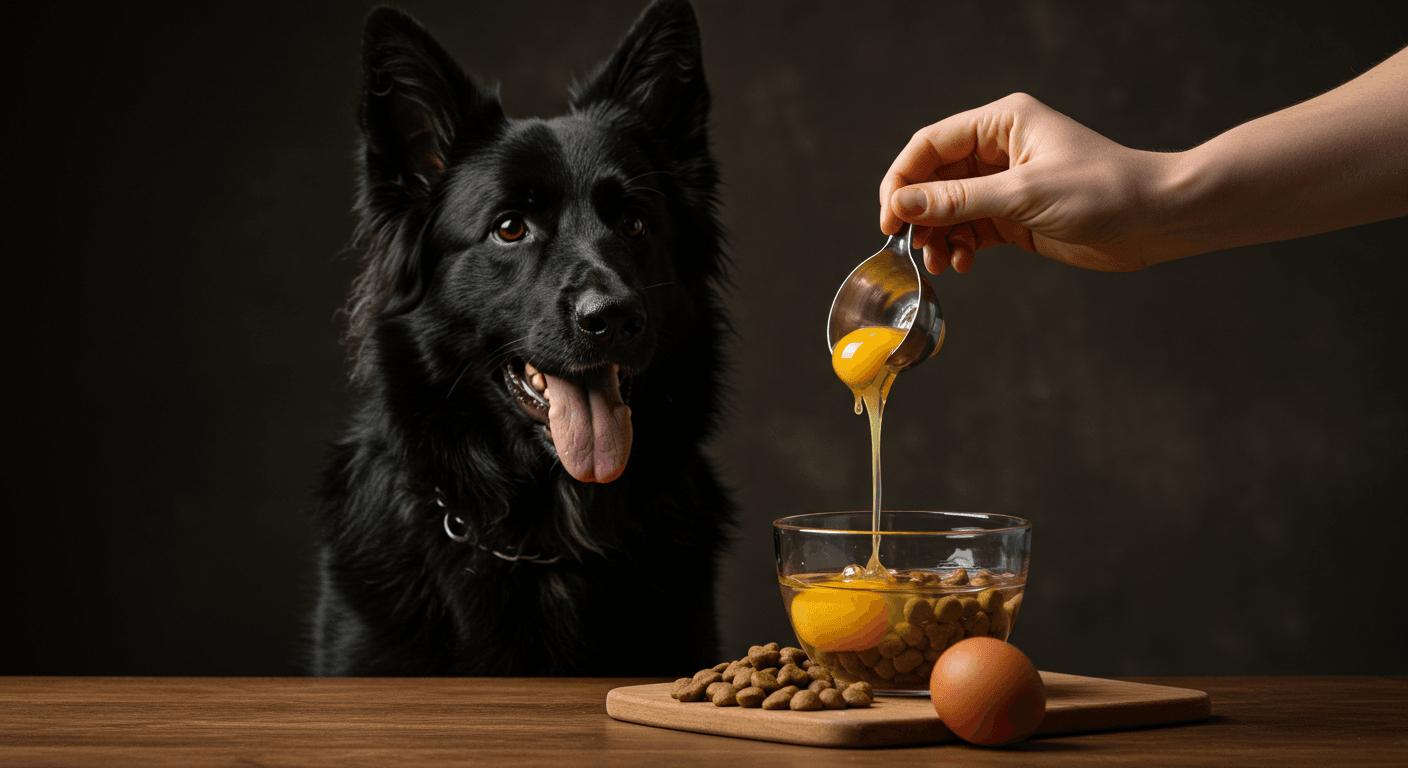 a black dog looking at a person pouring eggs into a bowl