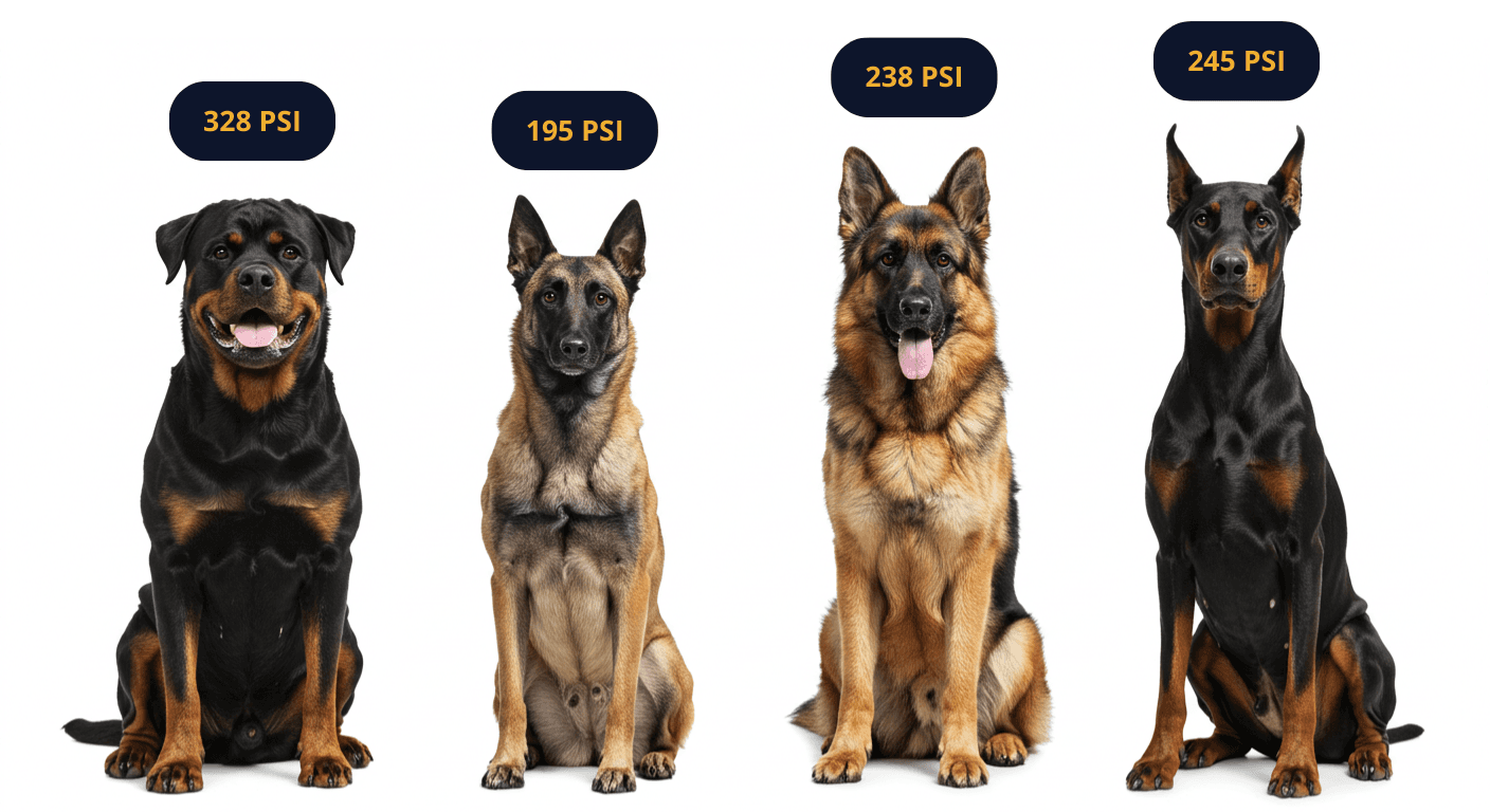 four dogs are sitting next to each other and their psi levels are shown